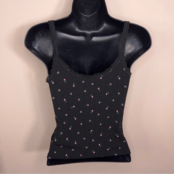 Small Divided H&M Black Floral Crop Top Tank Pink Green Ribbed Lace Trim Stretch - Picture 8 of 13